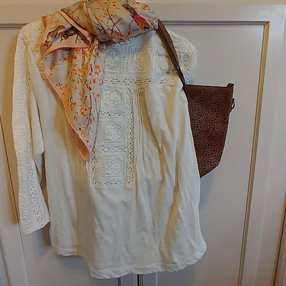 Cream mock neck mixed media top